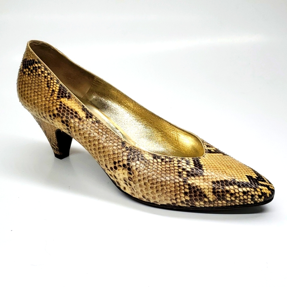 Bruno Magli Snakeskin Brown Tan Pointed Toe Pumps 8B EUC